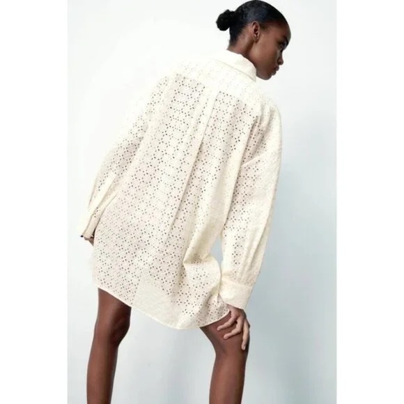 Zara Oversized Cotton Shirt with Openwork Eyelet Embroidery – Size L - Picture 3 of 14